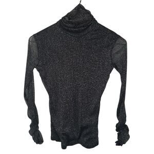 Black & Silver Shimmer Turtleneck Sheer Long Sleeve Ruched Top Women's Medium